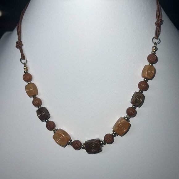 Vintage Wood Bead Leather Cord Necklace - Picture 1 of 7